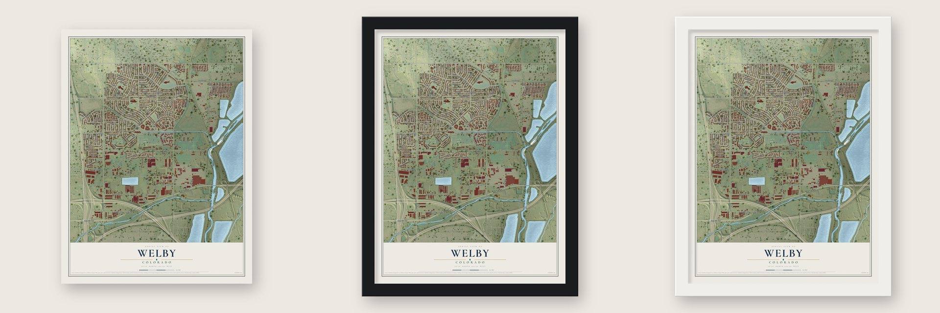 Welby, Colorado map unframed, in a black wood frame and in a white wood frame