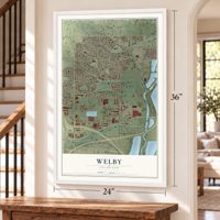 Welby, Colorado map, 24 x 36 inch print in a white frame by a staircase