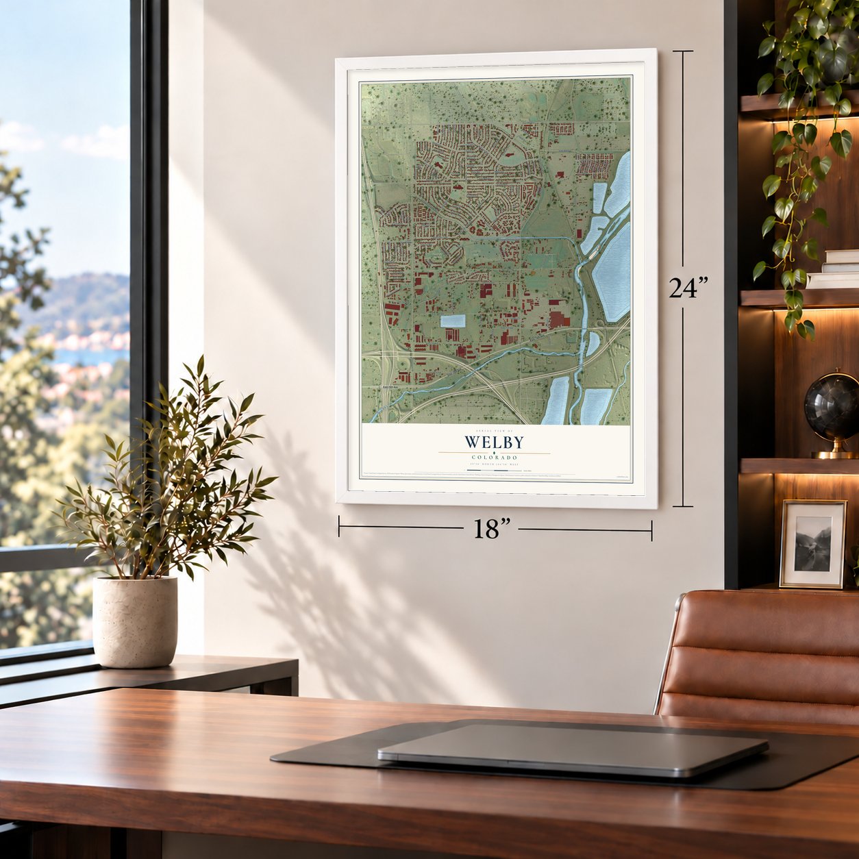 Welby, Colorado map, 18 x 24 inch print in a white frame in a home office