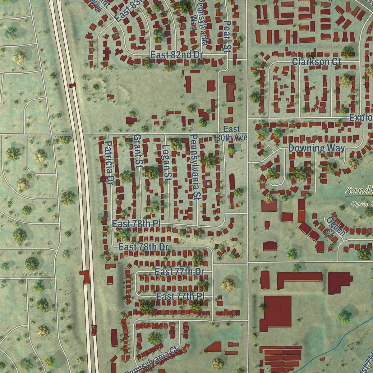 Second close-up of the map of Welby, Colorado print showing more streets and buildings
