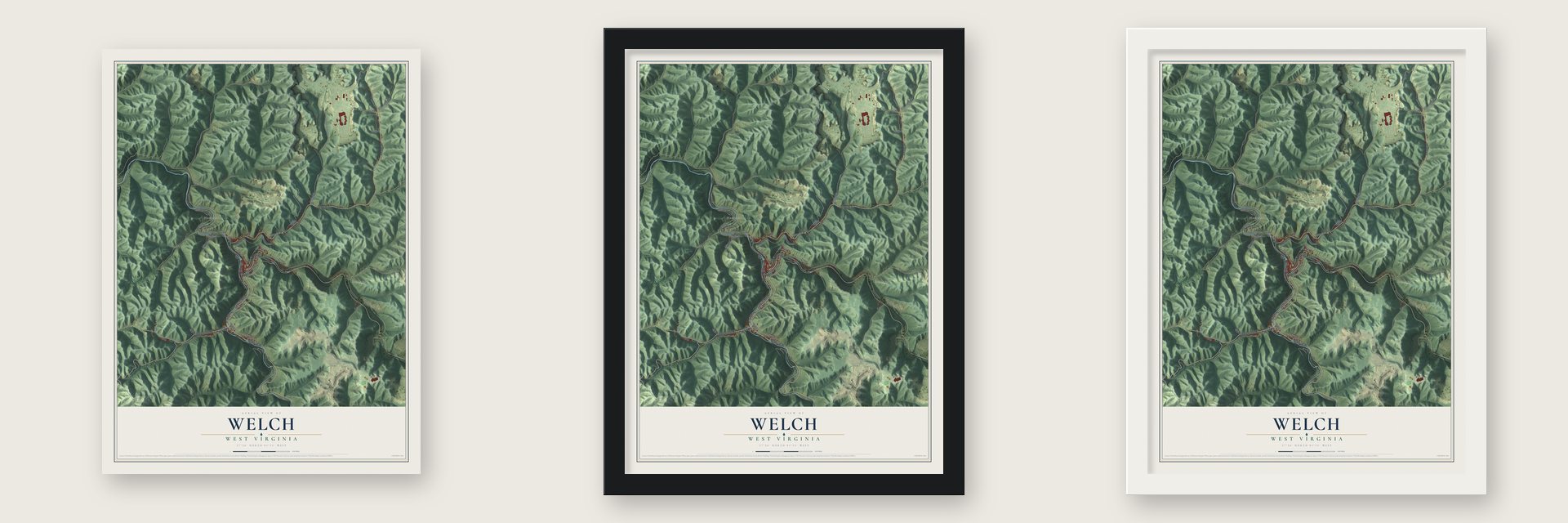Welch, West Virginia map unframed, in a black wood frame and in a white wood frame