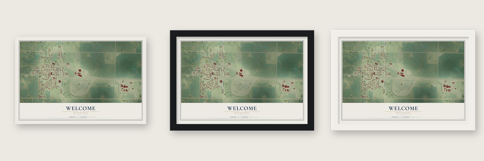 Welcome, Minnesota map unframed, in a black wood frame and in a white wood frame