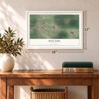 Welcome, Minnesota map, 12 x 18 inch print in a white frame in an entryway