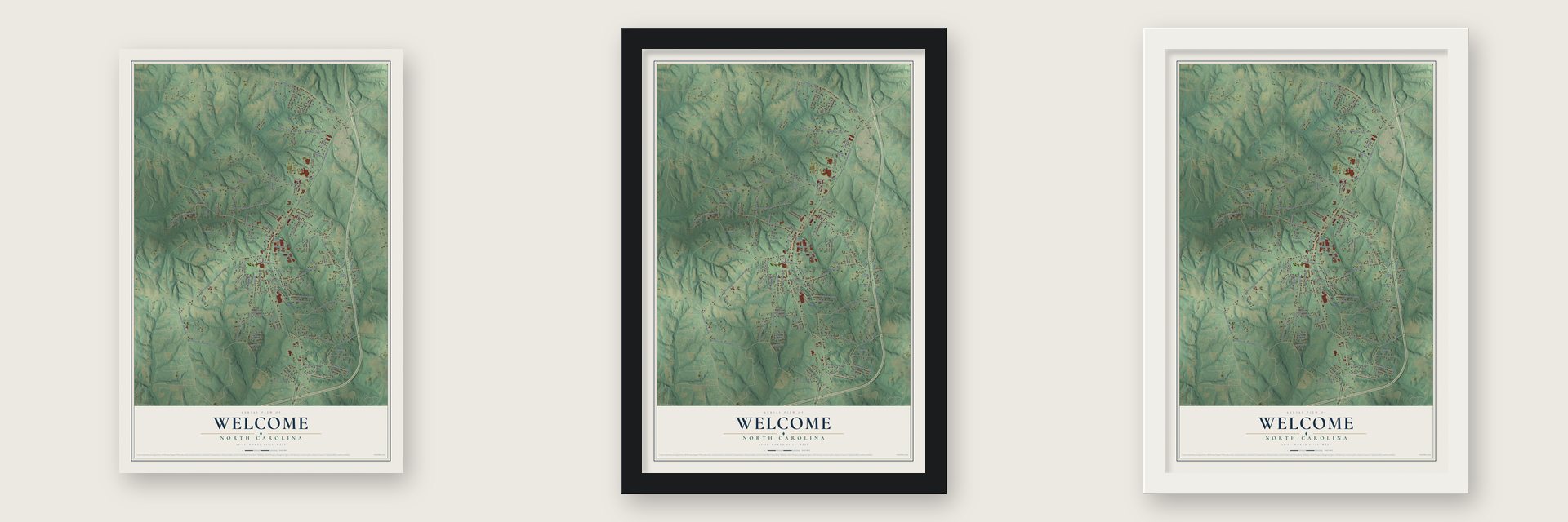 Welcome, North Carolina map unframed, in a black wood frame and in a white wood frame