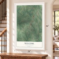 Welcome, North Carolina map, 24 x 36 inch print in a white frame by a staircase