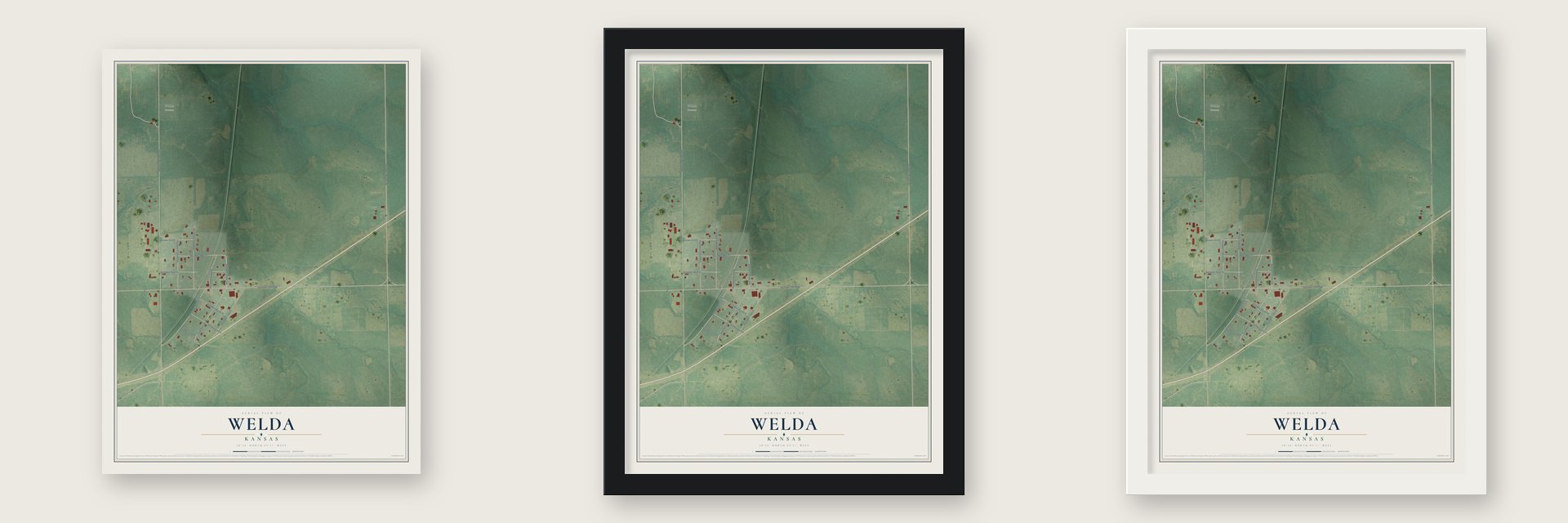 Welda, Kansas map unframed, in a black wood frame and in a white wood frame