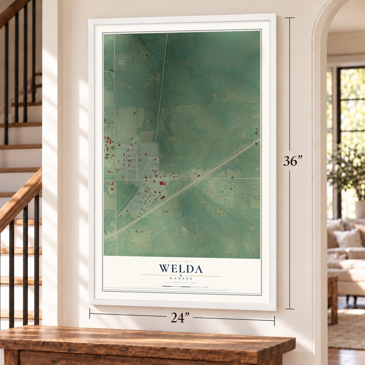 Welda, Kansas map, 24 x 36 inch print in a white frame by a staircase
