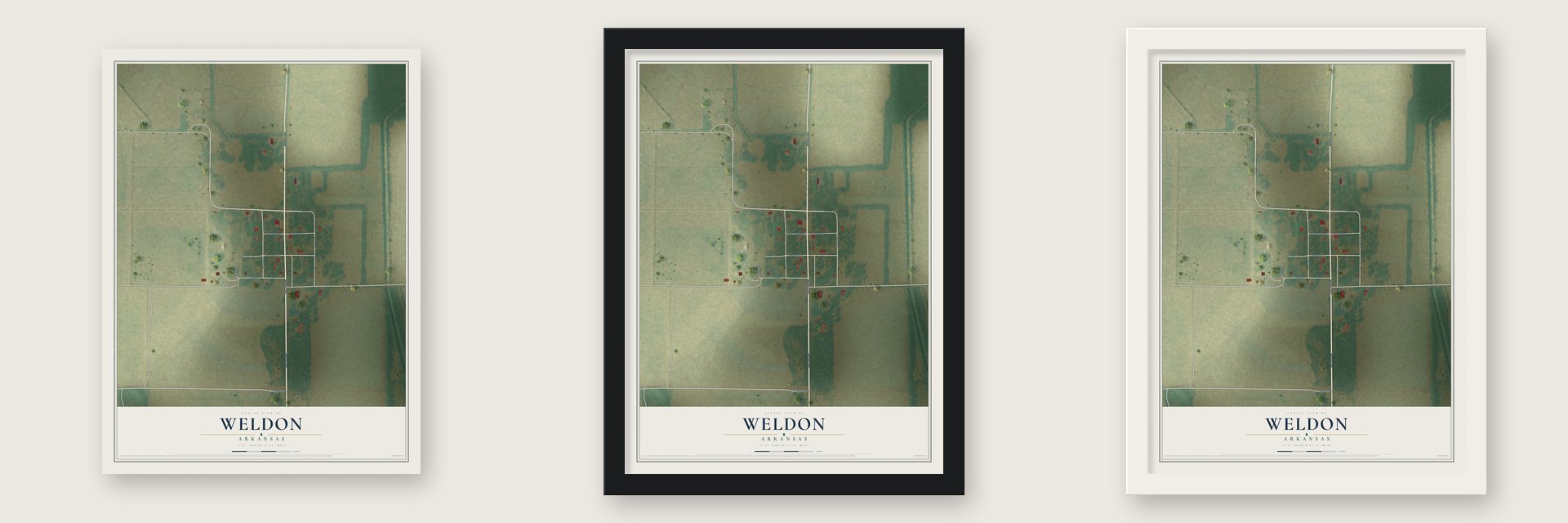 Weldon, Arkansas map unframed, in a black wood frame and in a white wood frame