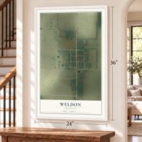 Weldon, Arkansas map, 24 x 36 inch print in a white frame by a staircase