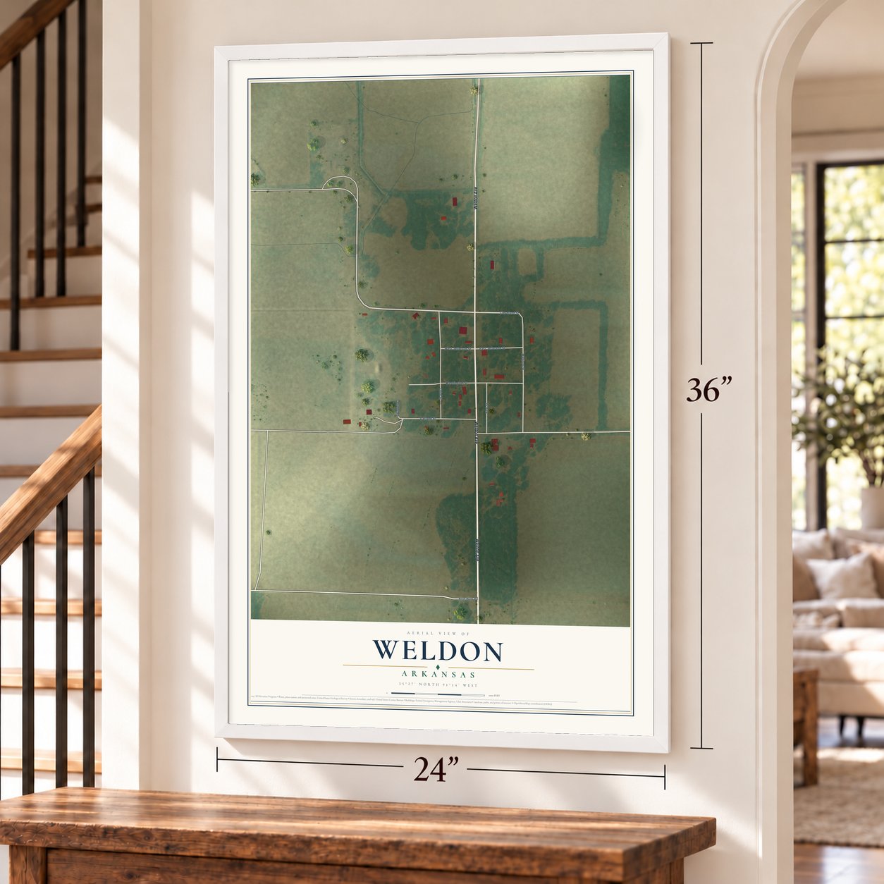 Weldon, Arkansas map, 24 x 36 inch print in a white frame by a staircase