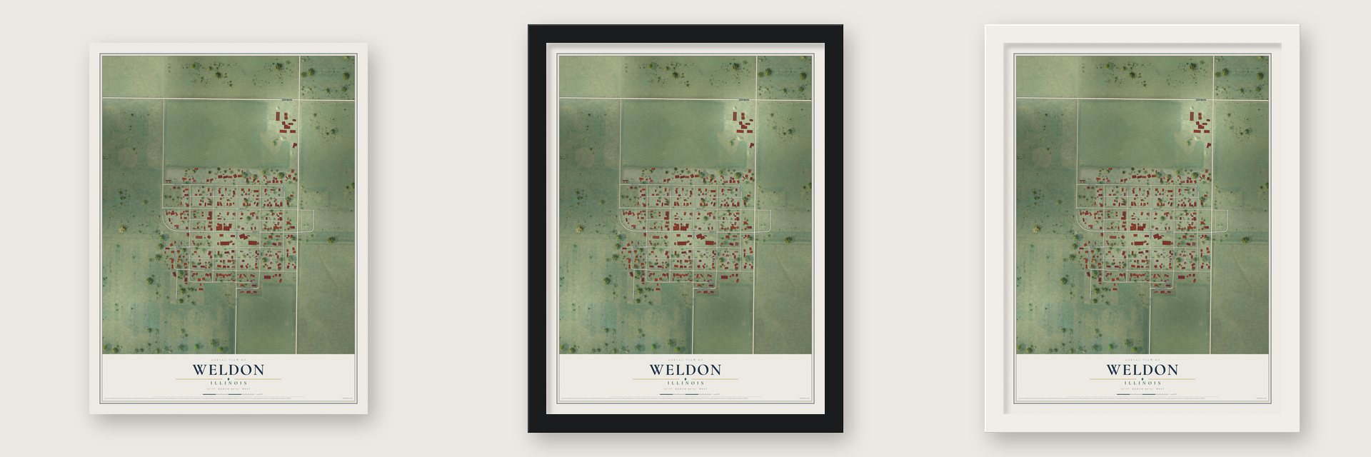 Weldon, Illinois map unframed, in a black wood frame and in a white wood frame