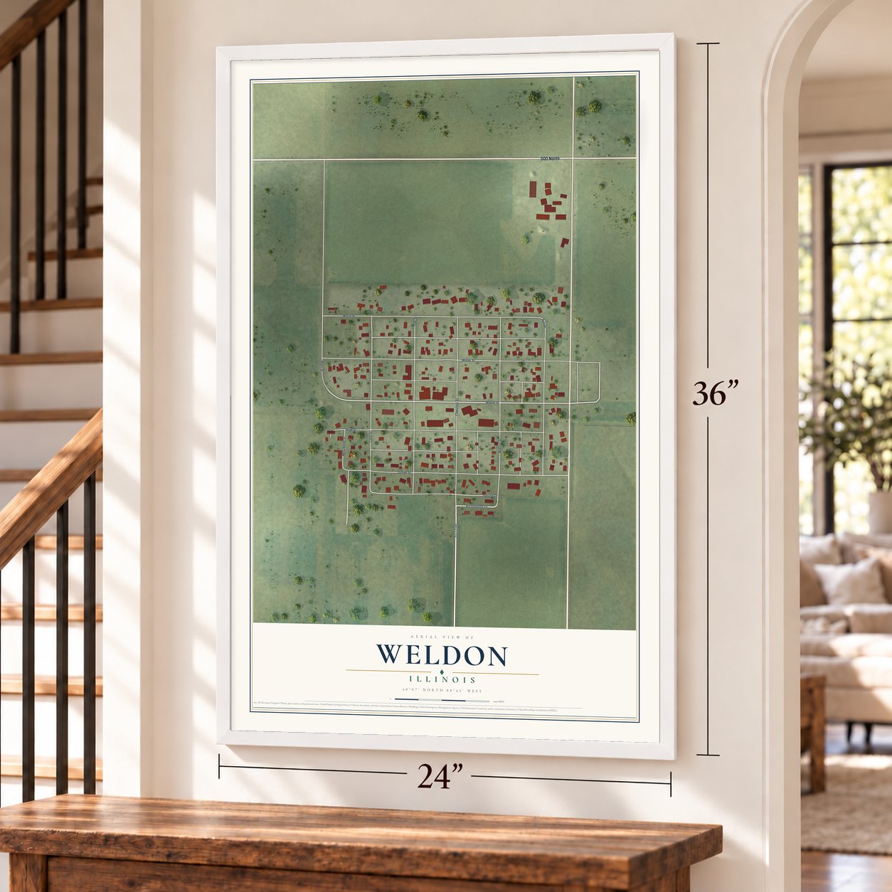 Weldon, Illinois map, 24 x 36 inch print in a white frame by a staircase