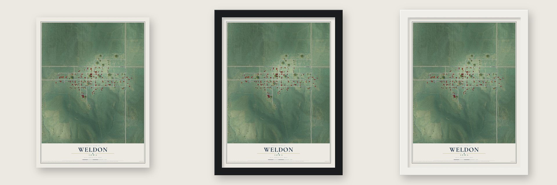 Weldon, Iowa map unframed, in a black wood frame and in a white wood frame