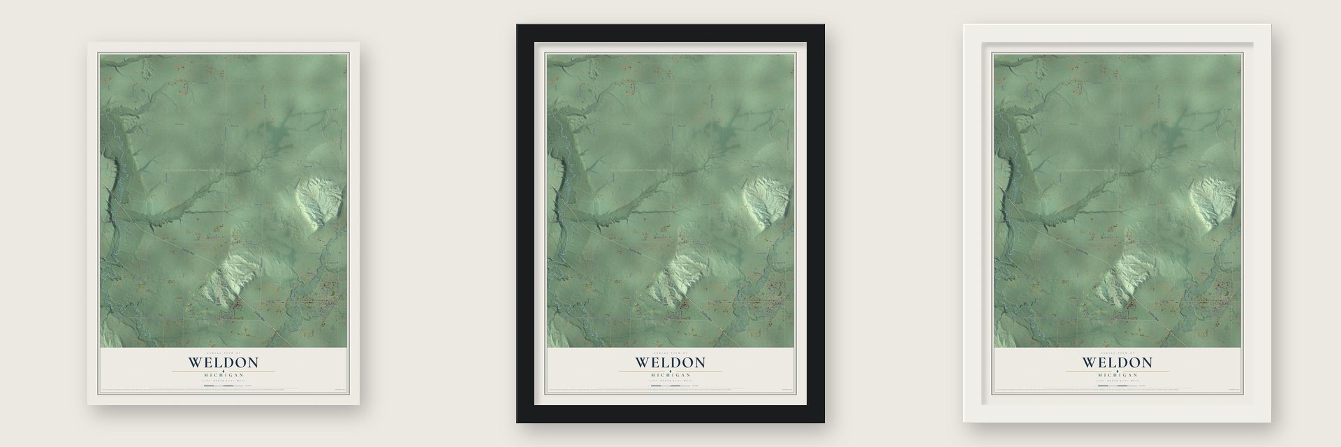 Weldon, Michigan map unframed, in a black wood frame and in a white wood frame