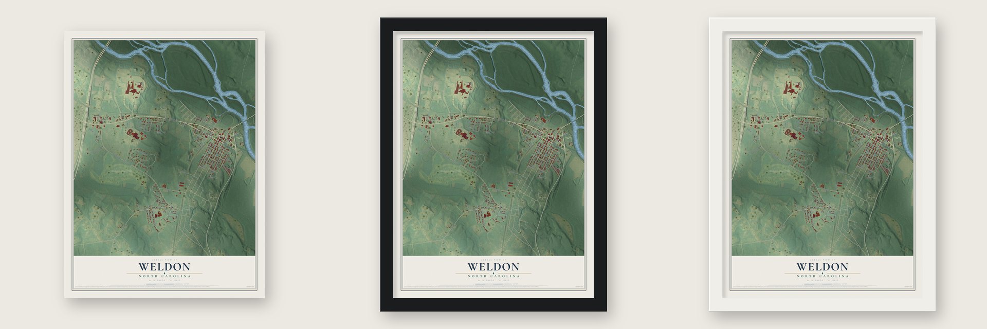 Weldon, North Carolina map unframed, in a black wood frame and in a white wood frame