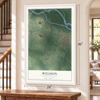 Weldon, North Carolina map, 24 x 36 inch print in a white frame by a staircase