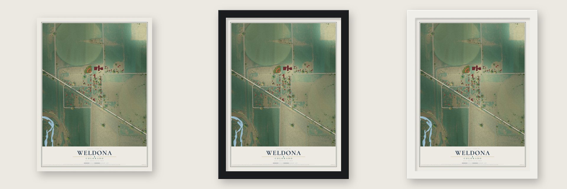 Weldona, Colorado map unframed, in a black wood frame and in a white wood frame