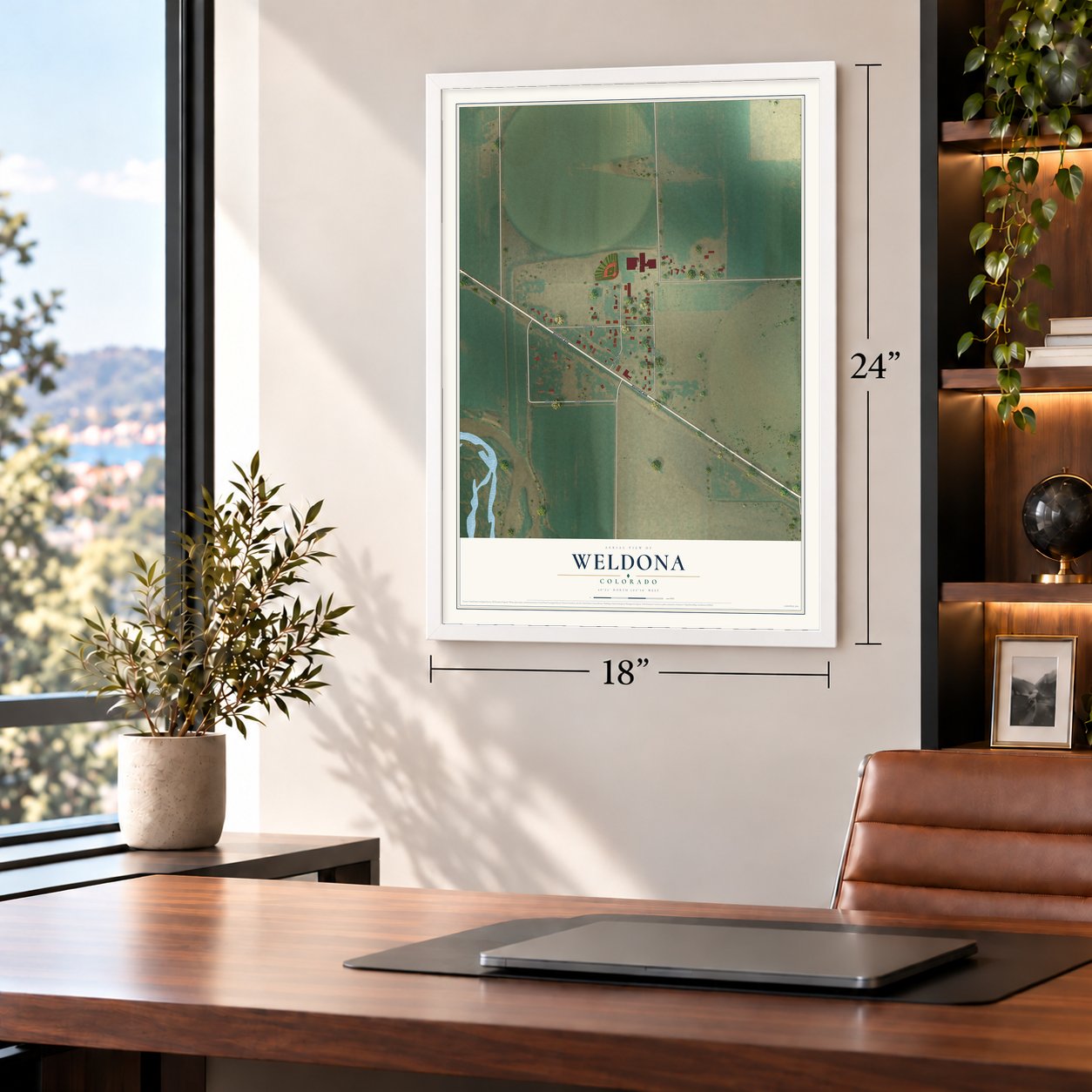 Weldona, Colorado map, 18 x 24 inch print in a white frame in a home office