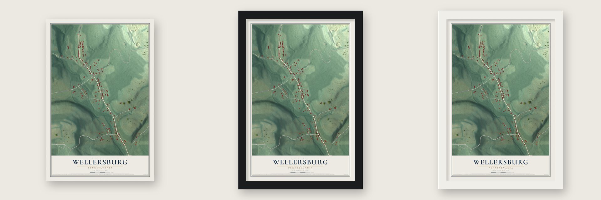 Wellersburg, Pennsylvania map unframed, in a black wood frame and in a white wood frame