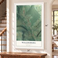 Wellersburg, Pennsylvania map, 24 x 36 inch print in a white frame by a staircase