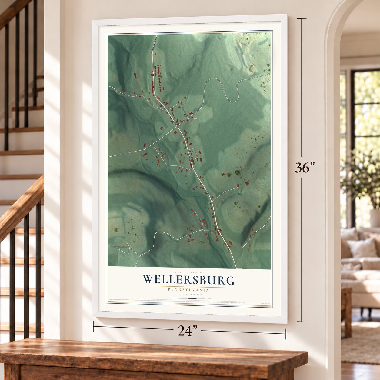 Wellersburg, Pennsylvania map, 24 x 36 inch print in a white frame by a staircase