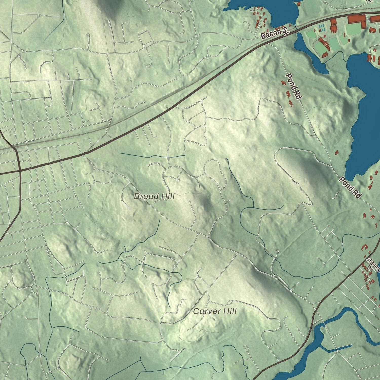 Close-up of the map of Wellesley, Massachusetts print showing terrain and local geography