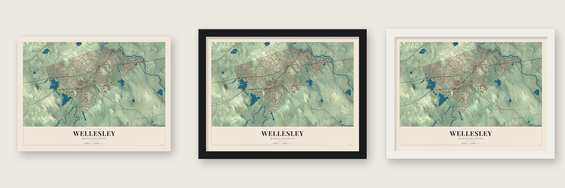 Wellesley, Massachusetts map unframed, in a black wood frame and in a white wood frame