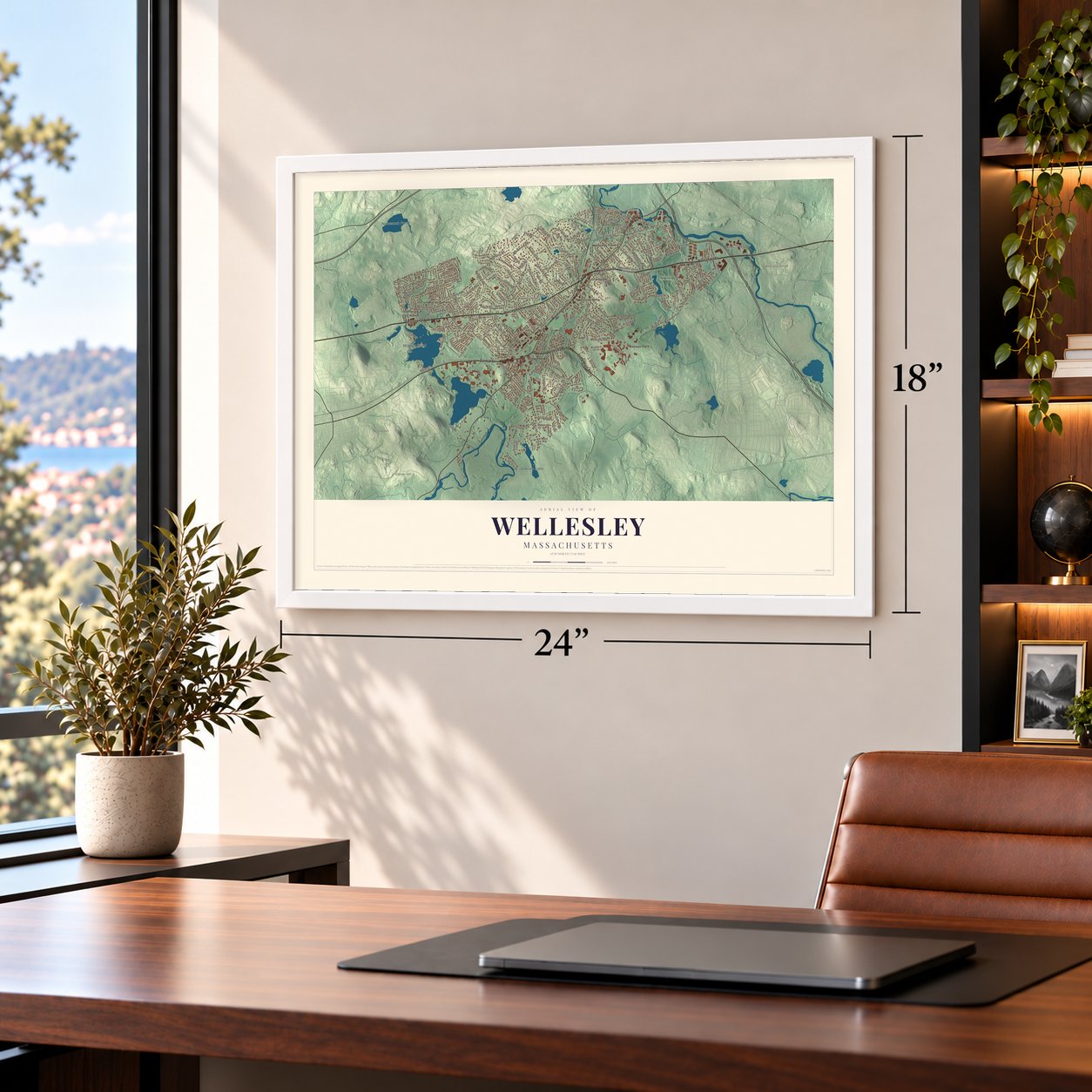 Wellesley, Massachusetts map, 18 x 24 inch print in a white frame in a home office
