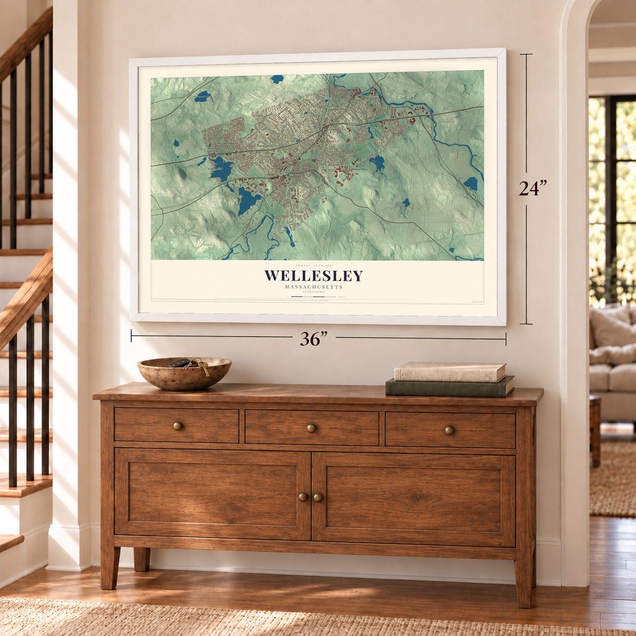 Wellesley, Massachusetts map, 24 x 36 inch print in a white frame above a dresser by a staircase