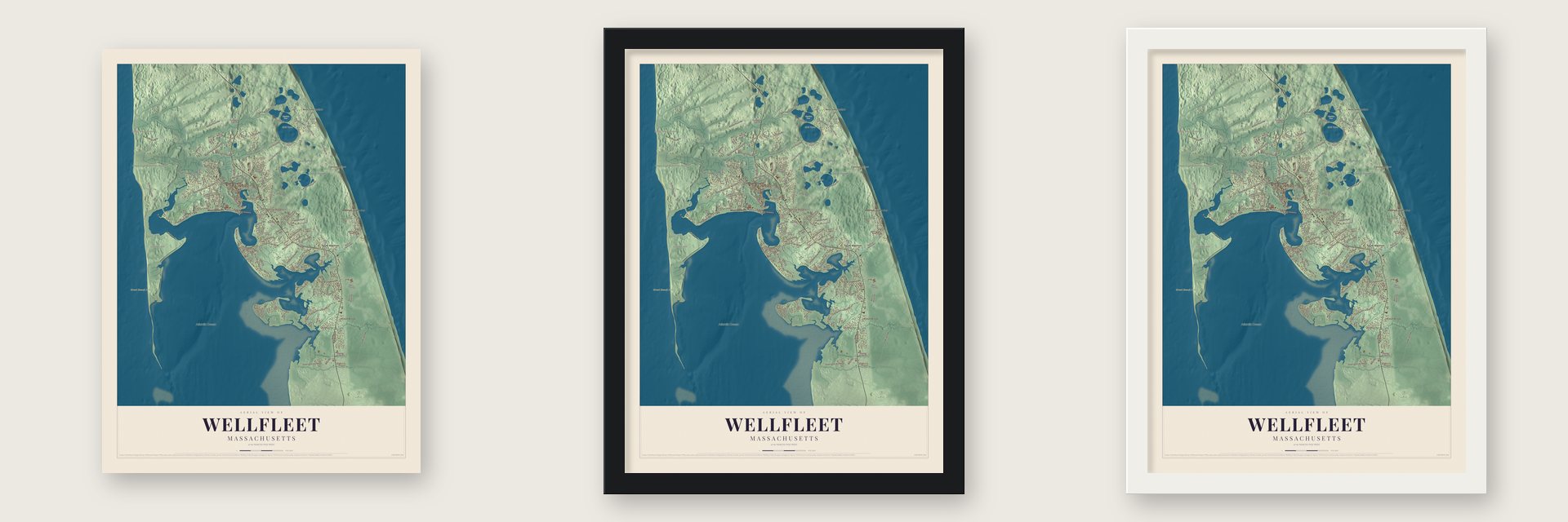 Wellfleet, Massachusetts map unframed, in a black wood frame and in a white wood frame