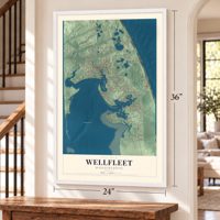 Wellfleet, Massachusetts map, 24 x 36 inch print in a white frame by a staircase