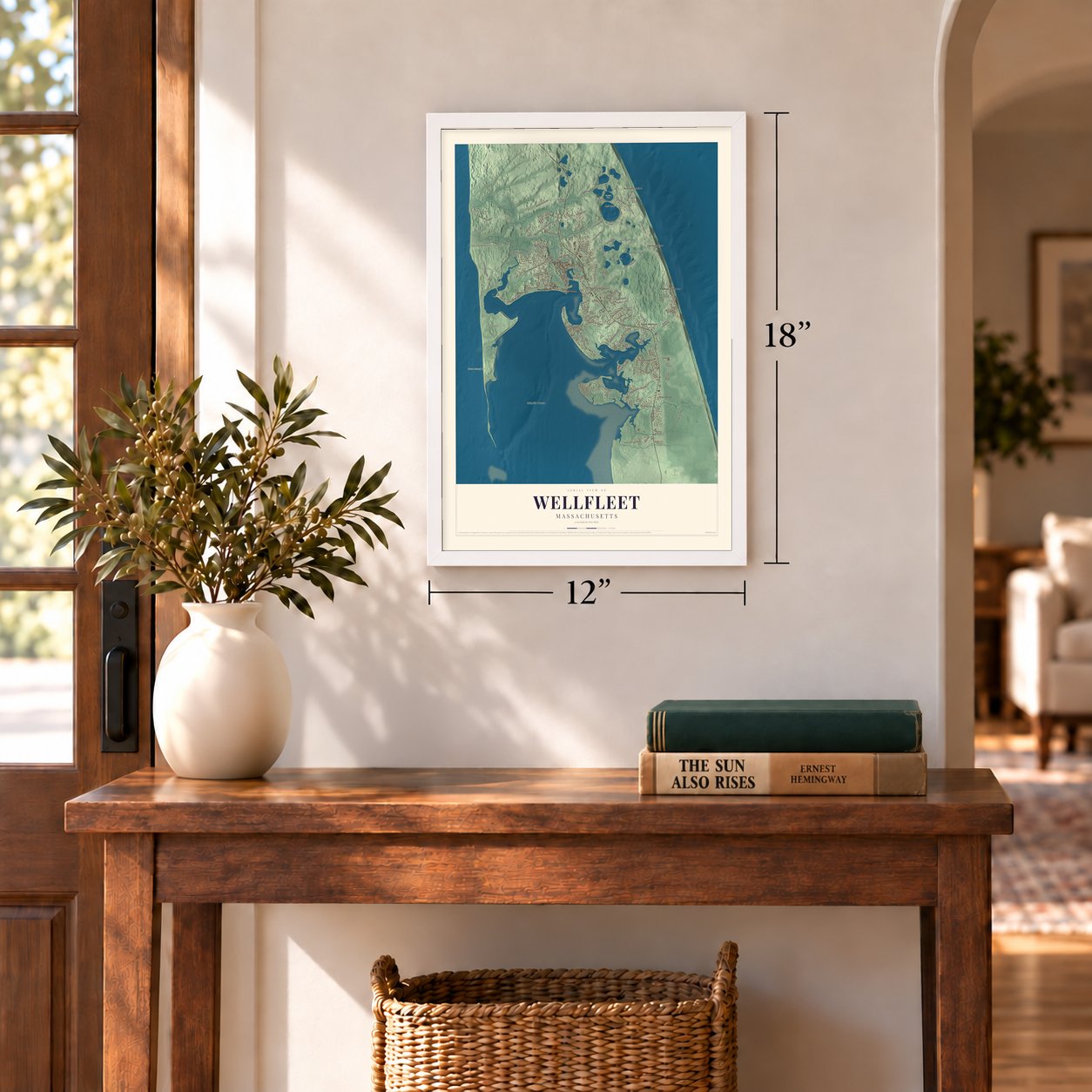 Wellfleet, Massachusetts map, 12 x 18 inch print in a white frame in an entryway