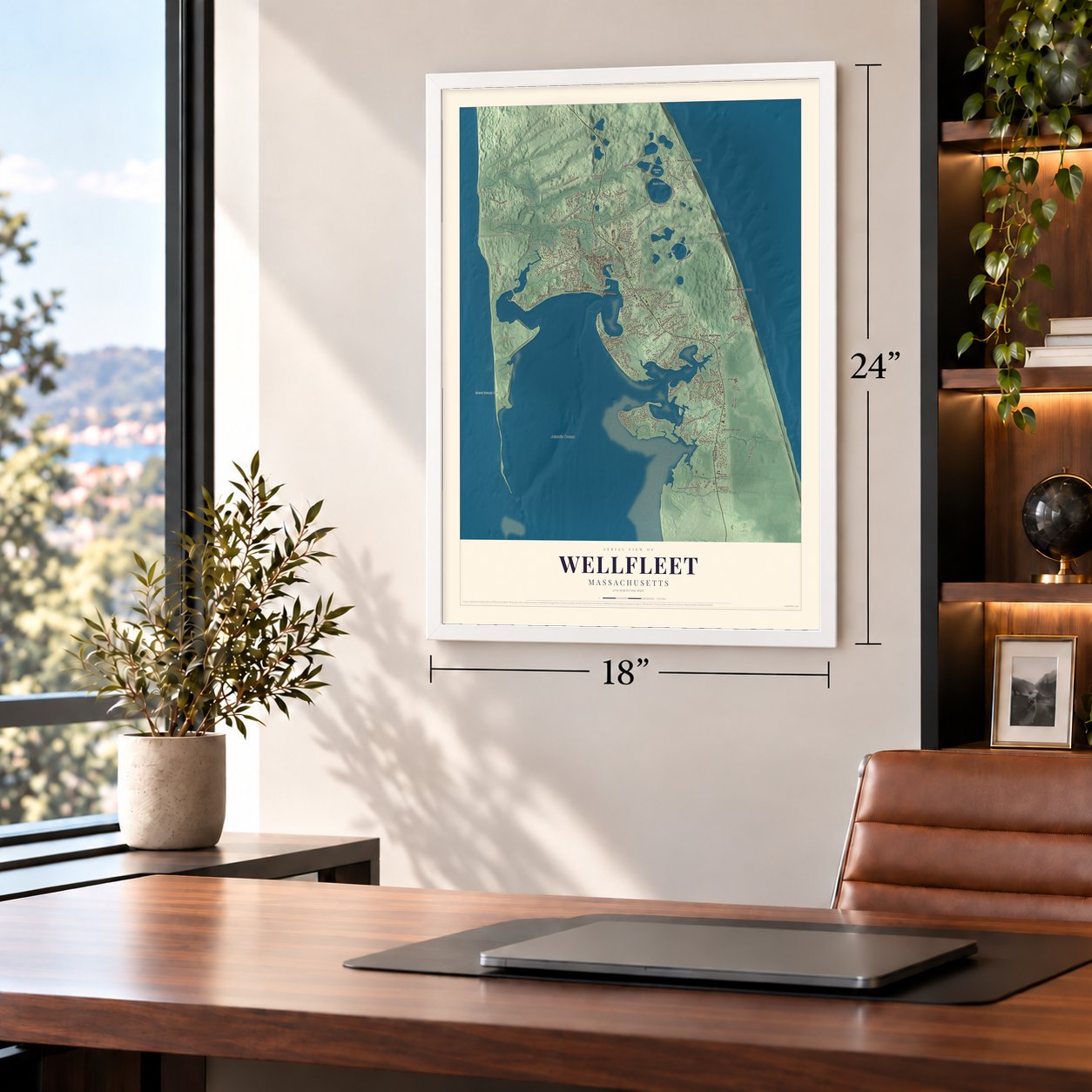 Wellfleet, Massachusetts map, 18 x 24 inch print in a white frame in a home office