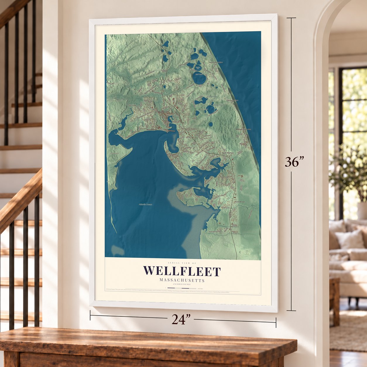 Wellfleet, Massachusetts map, 24 x 36 inch print in a white frame by a staircase