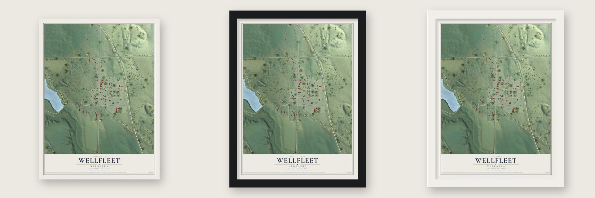Wellfleet, Nebraska map unframed, in a black wood frame and in a white wood frame