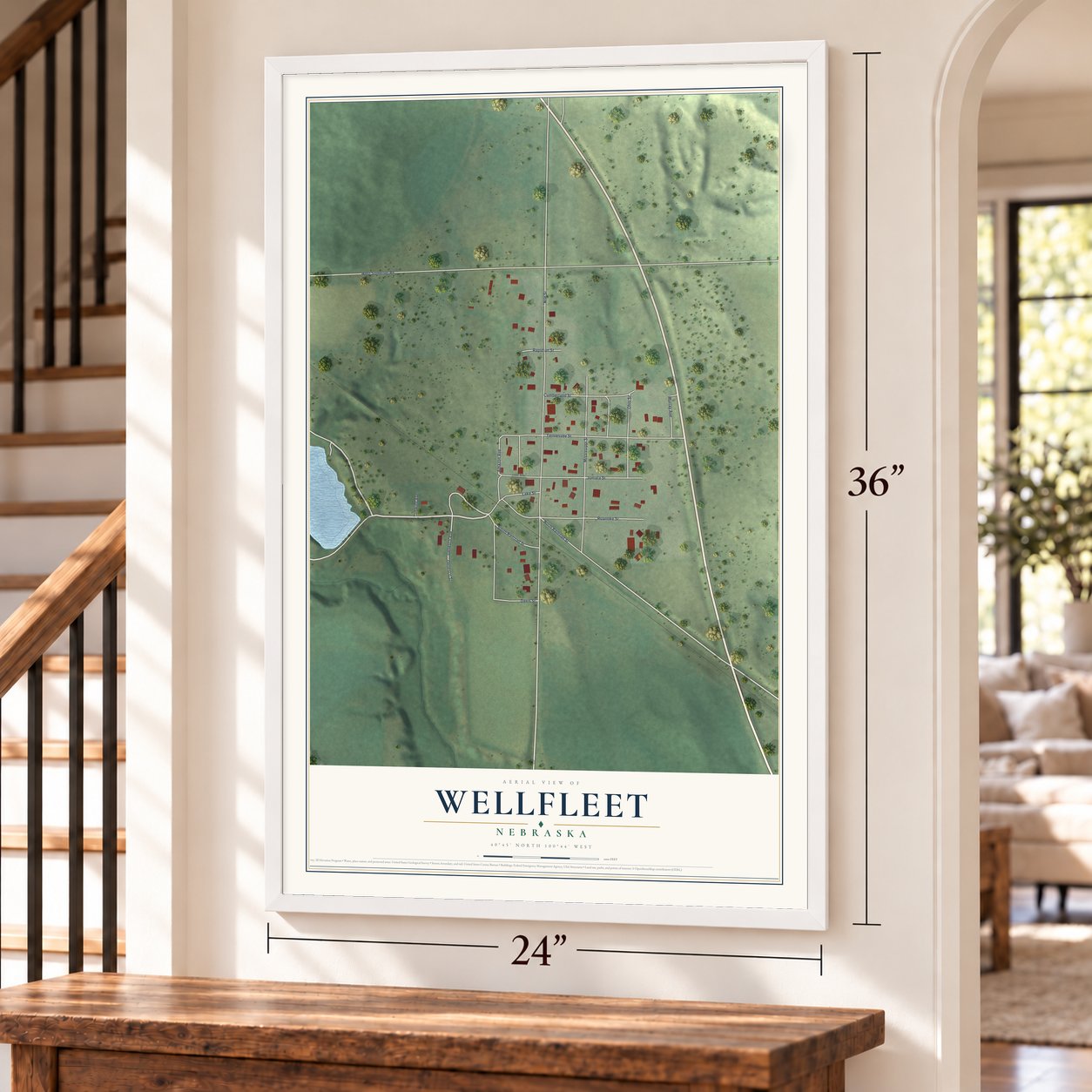 Wellfleet, Nebraska map, 24 x 36 inch print in a white frame by a staircase