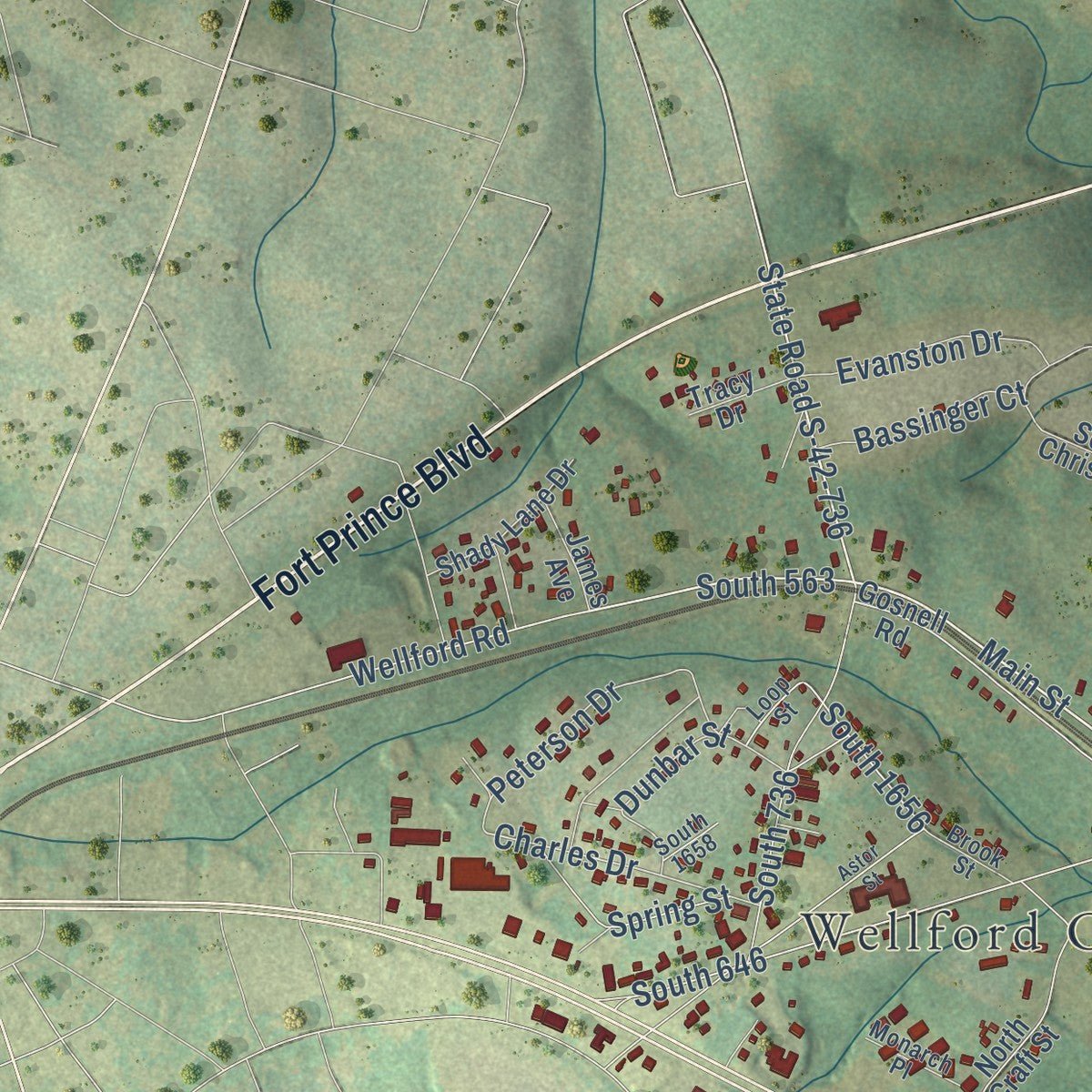 Second close-up of the map of Wellford, South Carolina print showing more streets and buildings