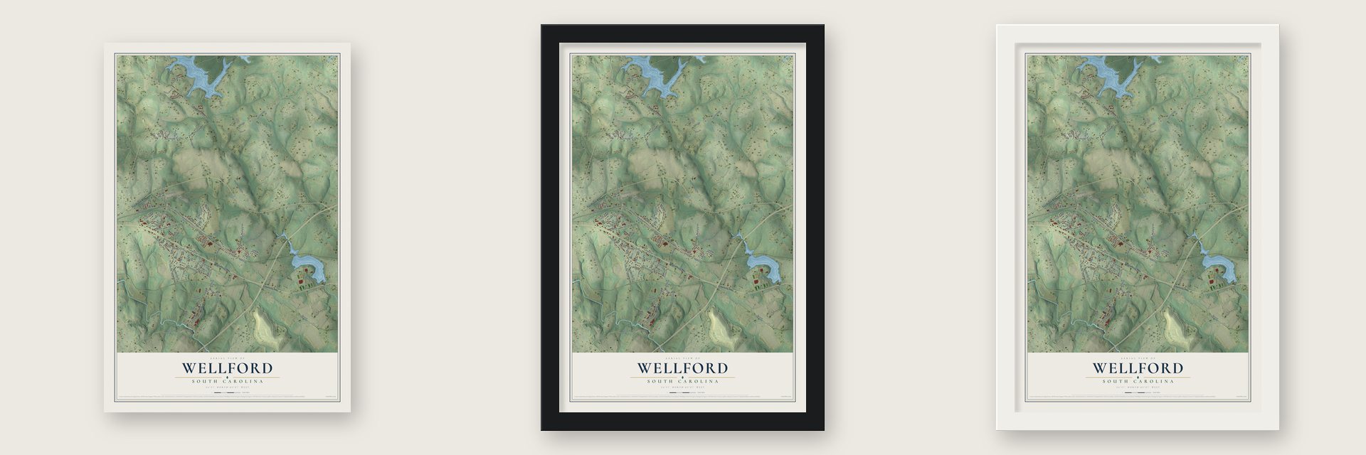 Wellford, South Carolina map unframed, in a black wood frame and in a white wood frame