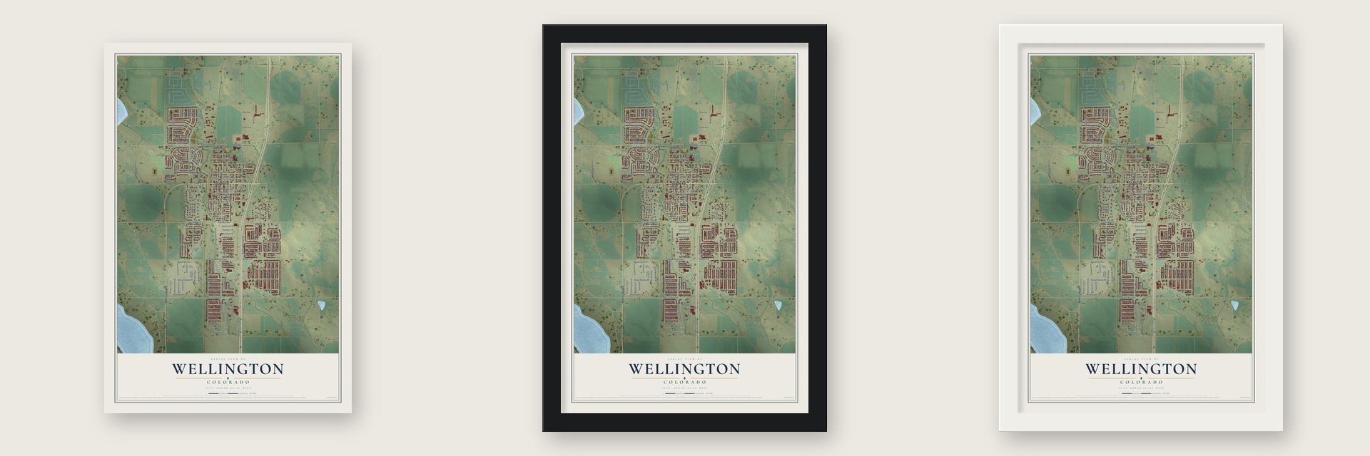 Wellington, Colorado map unframed, in a black wood frame and in a white wood frame