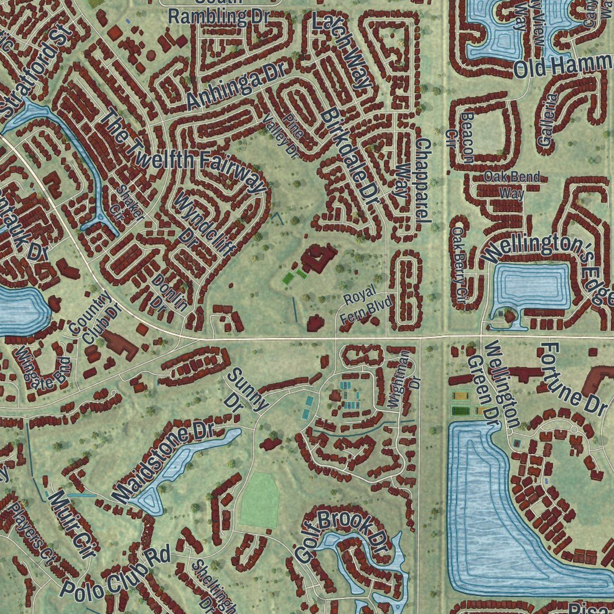 Second close-up of the map of Wellington, Florida print showing more streets and buildings