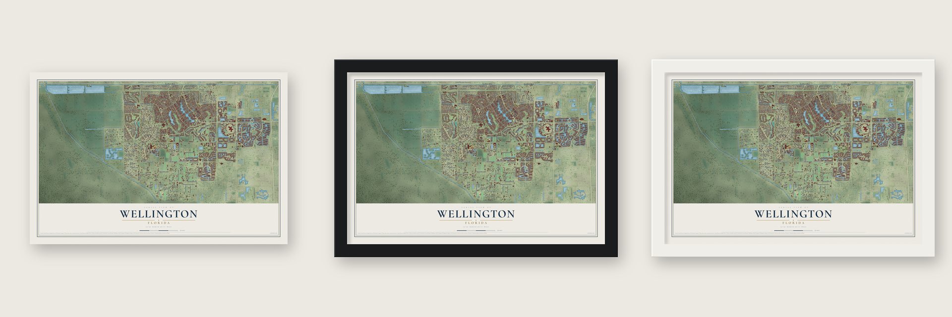 Wellington, Florida map unframed, in a black wood frame and in a white wood frame