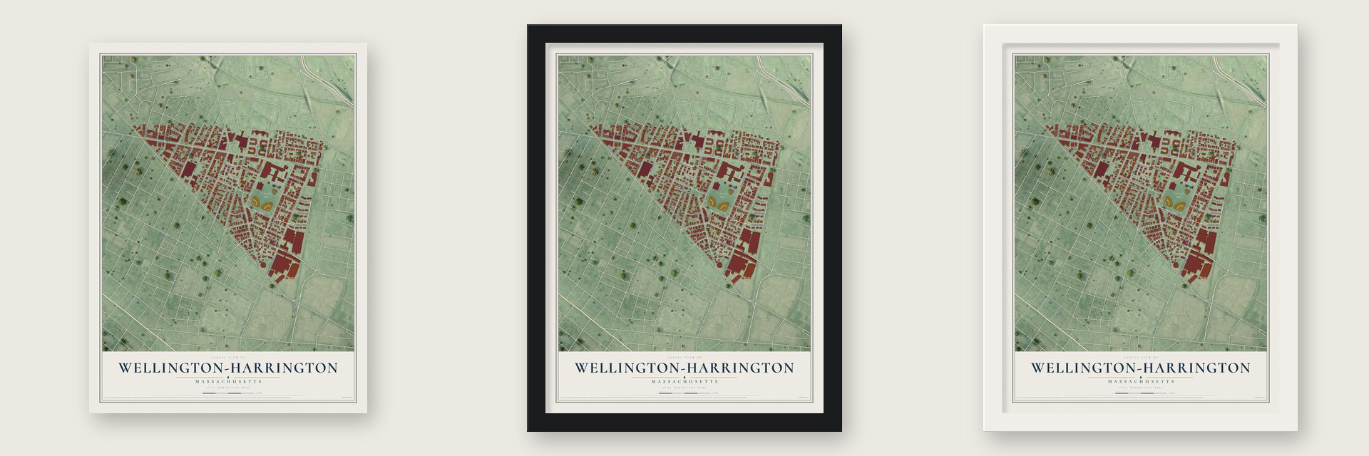 Wellington-Harrington, Massachusetts map unframed, in a black wood frame and in a white wood frame
