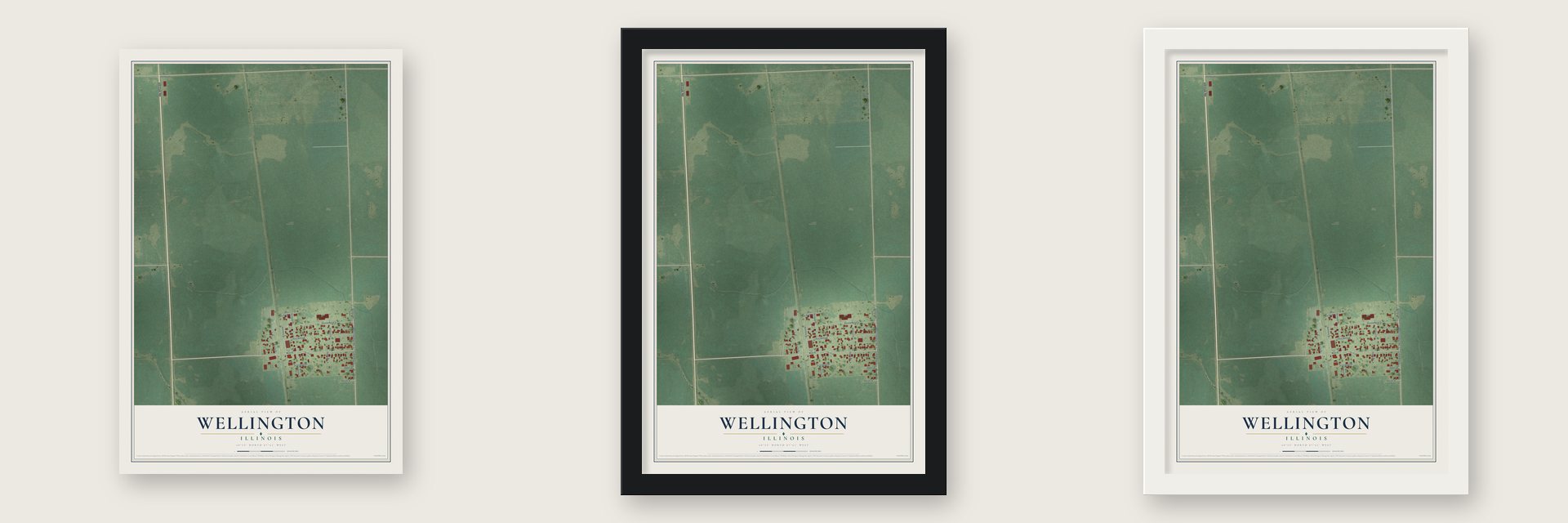 Wellington, Illinois map unframed, in a black wood frame and in a white wood frame