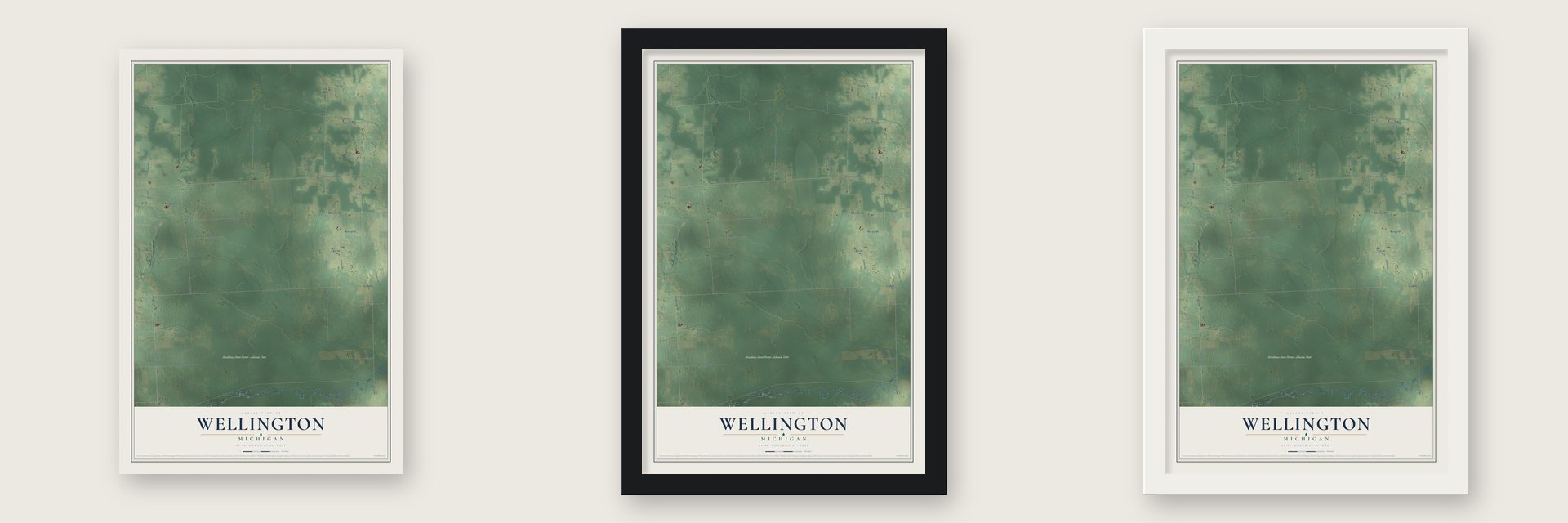 Wellington, Michigan map unframed, in a black wood frame and in a white wood frame