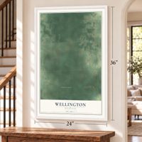 Wellington, Michigan map, 24 x 36 inch print in a white frame by a staircase