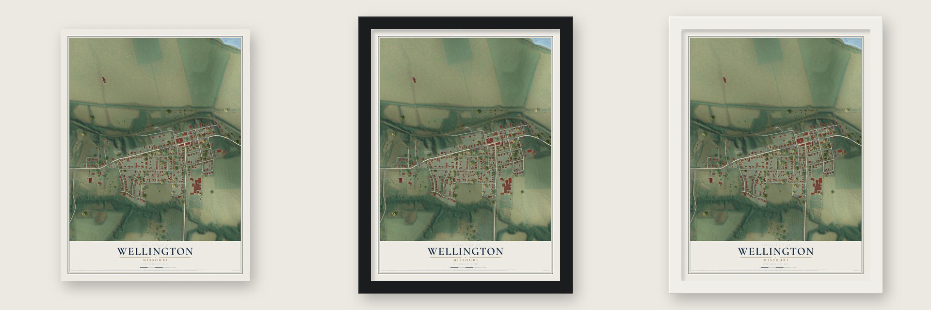 Wellington, Missouri map unframed, in a black wood frame and in a white wood frame