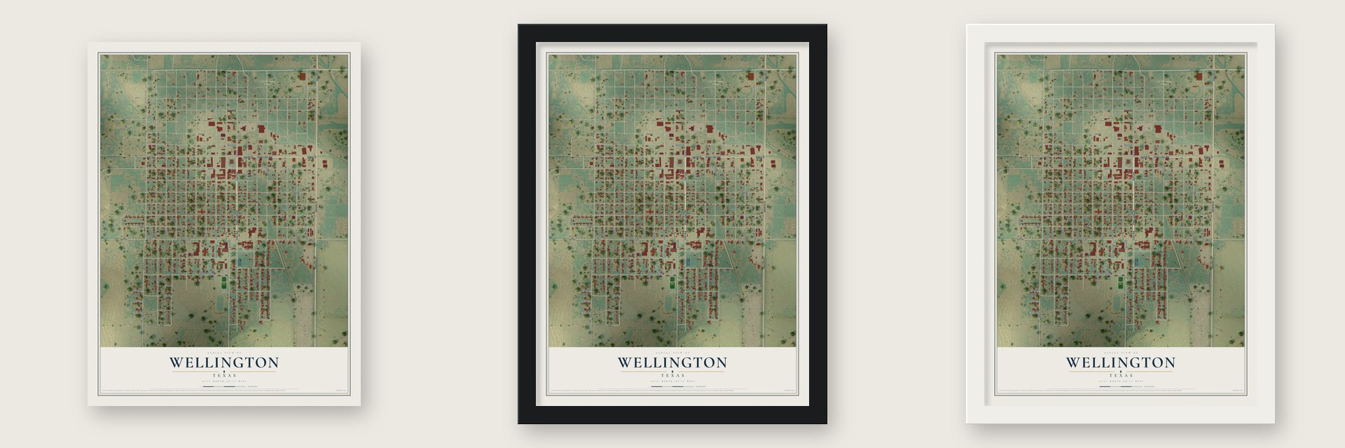 Wellington, Texas map unframed, in a black wood frame and in a white wood frame