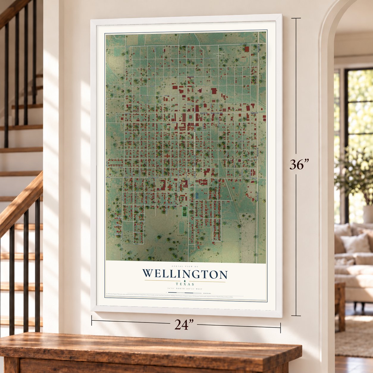 Wellington, Texas map, 24 x 36 inch print in a white frame by a staircase