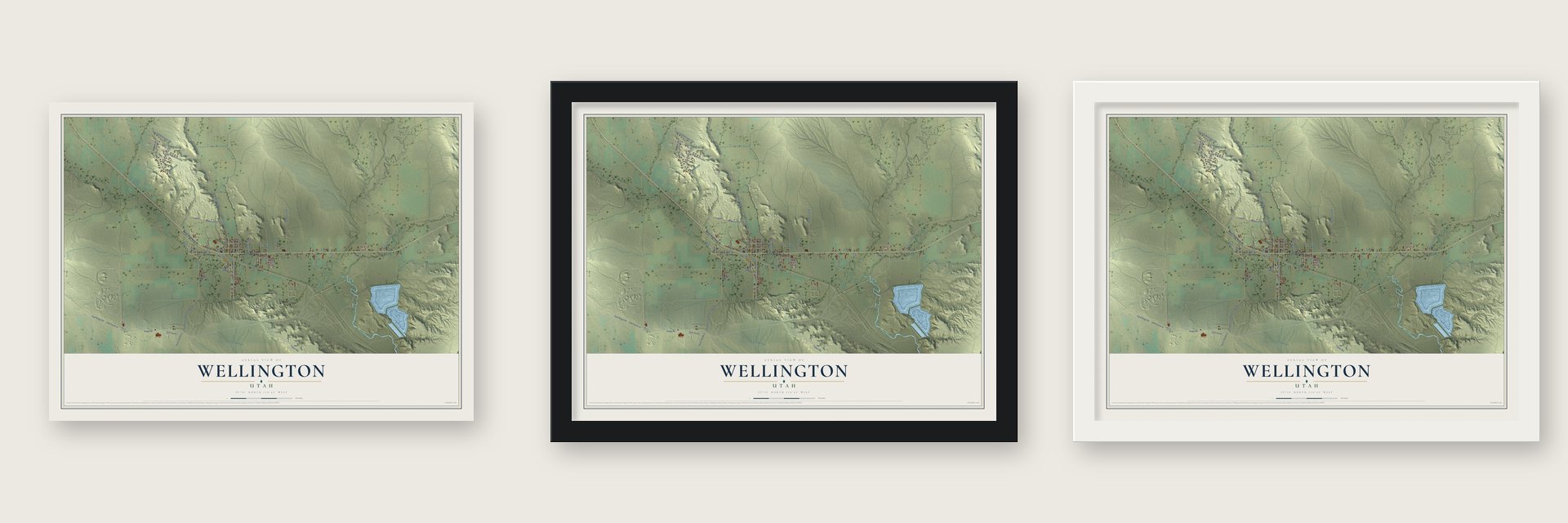 Wellington, Utah map unframed, in a black wood frame and in a white wood frame