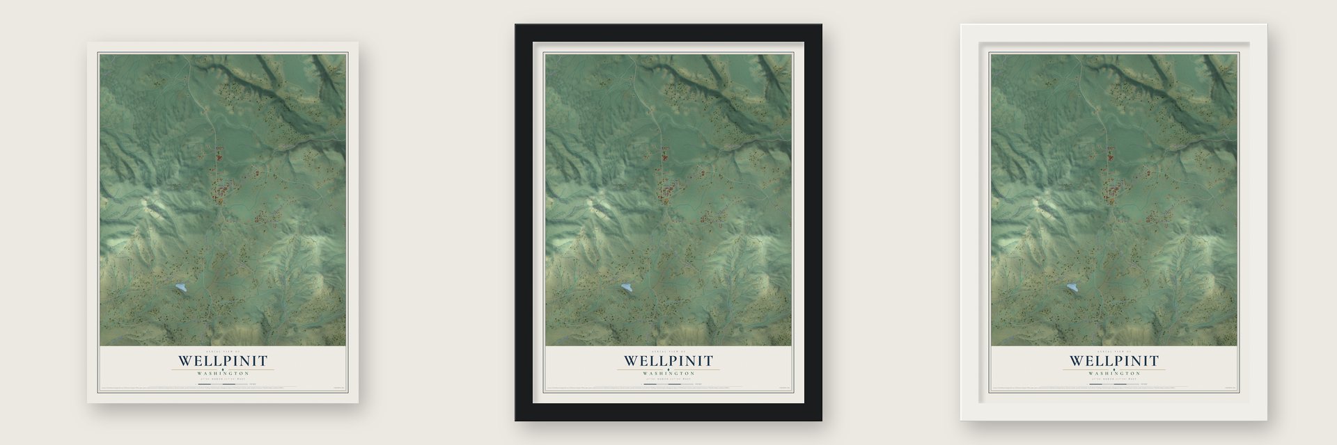 Wellpinit, Washington map unframed, in a black wood frame and in a white wood frame